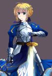  ahoge aqua_eyes armor armored_dress blonde_hair dress excalibur falter0814 fate/stay_night fate_(series) faulds gauntlets hair_ribbon juliet_sleeves long_sleeves puffy_shoulders_long_sleeves puffy_sleeves ribbon saber solo 