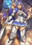  armlet armor armored_dress back-to-back blue_eyes breasts brown_hair cleavage cross elbow_gloves fire garter_belt garter_straps gloves jewelry large_breasts legs long_hair miniskirt navel nun oda_non purple_hair queen&#039;s_blade queen&#039;s_blade_rebellion queen's_blade queen's_blade_rebellion shield sideboob siggy skirt sword thigh-highs thighhighs thighs tiara weapon 