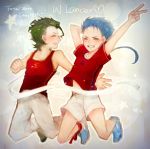  2boys ^_^ ahoge blue_hair blush closed_eyes eyes_closed fate/stay_night fate/zero fate_(series) green_hair lancer lancer_(fate/zero) long_hair medemoisellecu mole multiple_boys pants ponytail shorts tank_top v 