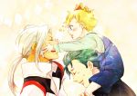  asem_asuno asemu_asuno blonde_hair carrying child closed_eyes eyes_closed father_and_son flit_asuno green_hair gundam gundam_age hanagosui male multiple_boys piggyback ponytail shoulder_carry sideburns star white_hair woolf_enneacle young 