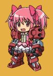  :d bow brown_background bubble_skirt chibi destiny30229 dress frills fusion gundam gundam_age gundam_age-1 gundam_age-1_titus hair_bow kaname_madoka looking_at_viewer magical_girl mahou_shoujo_madoka_magica mecha_musume mechanical_arms mechanical_legs open_mouth orange_background pink_eyes pink_hair short_twintails simple_background smile solo standing twintails 