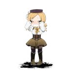  blonde_hair boots bow chibi corset drill_hair hands_on_own_face hat knt31 mahou_shoujo_madoka_magica open_mouth skirt solo tears thigh-highs thighhighs tomoe_mami tsuzuya_(knt31) twin_drills twintails white_background 