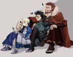  2boys ahoge armor armored_dress beard black_hair blonde_hair cape dress facial_hair fate/zero fate_(series) faulds gauntlets green_eyes hair_ribbon height_difference lancer_(fate/zero) multiple_boys nor_(reader13) red_hair redhead ribbon rider_(fate/zero) saber sandals size_difference yellow_eyes 