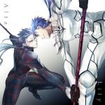  2boys armor blue_hair dark_persona dual_persona earrings fate/stay_night fate_(series) fighting gae_bolg jewelry lancer light_persona long_hair male multiple_boys polearm ponytail red_eyes smi spear weapon 