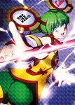  ass blue_eyes chinese_clothes detached_sleeves dragon_kid electricity glowing glowing_eyes green_hair hat ponytail short_hair short_ponytail shorts solo staff superhero surkel tiger_&amp;_bunny 