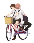  1girl back-to-back bag bicycle black_legwear closed_eyes couple eyes_closed frown habuki kneehighs konno_makoto mamiya_chiaki red_eyes school_uniform short_hair simple_background toki_wo_kakeru_shoujo 