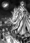 absurdres bridge city east_asian_architecture fox_tail full_moon gagrim highres japanese_clothes kimono monochrome moon multiple_tails night night_sky short_hair sketch sky soldier solo star_(sky) starry_sky tail touhou yakumo_ran 