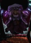  black_sclera blurry broken_glass dark depth_of_field flandre_scarlet glass glowing hat jiro925 mirror red_eyes solo the_embodiment_of_scarlet_devil touhou vampire wings 