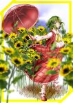  ascot blue_sky blurry border bud cloud depth_of_field dress_shirt flower frills grass green_eyes green_hair kazami_yuuka kneehighs lips long_skirt long_sleeves looking_at_viewer makoto5391 mary_janes outstretched_arms parted_lips puffy_sleeves shirt shoes skirt sky solo standing sunflower touhou umbrella vest wind youkai 