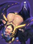  black_hair breasts cleavage collarbone demon_girl demon_wings digimon digimon_xros_wars facial_tattoo green_eyes hair_comb hands_on_own_face highres horns japanese_clothes katotepe katou_teppei large_breasts lilithmon lipstick makeup nail_polish purple_lipstick simple_background solo tattoo upside-down wings 