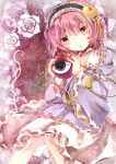  flower hairband head_tilt heart holding jaku_sono komeiji_satori pink_eyes pink_hair rose shirt short_hair sitting skirt solo third_eye touhou vines 