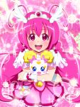  1girl candy_(smile_precure!) cure_happy dress head_wings hoshizora_miyuki hug long_hair magical_girl open_mouth pink pink_background pink_dress pink_eyes pink_hair precure smile smile_precure! tiara 