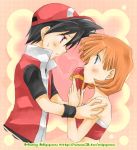  bare_shoulders black_hair blue_eyes blunt_bangs blush couple eye_contact face-to-face hat heart holding_gift kasumi_(pokemon) looking_at_another lowres nervous orange_hair pokemon pokemon_special popped_collar red_(pokemon) red_eyes short_hair tubetop valentine waka_mippou wristband 