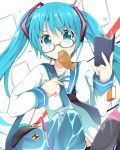  aqua_eyes aqua_hair bag bespectacled fang food_in_mouth glasses hatsune_miku long_hair madara mouth_hold pencil solo twintails vocaloid 