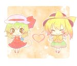  arms_behind_back blonde_hair blush chibi cosplay costume_switch flandre_scarlet green_eyes green_hair heart komeiji_koishi multiple_girls ranka224 smile touhou wings 