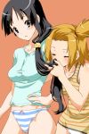  :o akiyama_mio black_eyes black_hair blush bow bow_panties breasts brown_hair closed_eyes eyes_closed hair_kiss highres k-on! long_hair multiple_girls no_pants open_mouth panties pink_background ponytail shinama short_hair side_ponytail simple_background smelling striped striped_panties tainaka_ritsu tank_top taut_shirt underwear yuri 