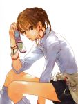  absurdres bracelet braid brown_eyes brown_hair cellphone earrings footwear highres jewelry miniskirt nail_polish okazaki_takeshi original phone platonic_chain pleated_skirt school_uniform shirt short_hair simple_background skirt socks solo 