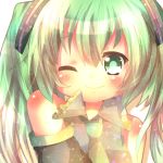  bad_id blush green_eyes green_hair hatsune_miku long_hair necktie ranka224 smile solo vocaloid wink 