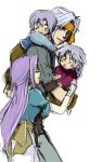  2boys 2girls :o closed_eyes eyes_closed family final_fantasy final_fantasy_ii frioniel headband if_they_mated long_hair maria_(ff2) multiple_boys multiple_girls piggyback purple_hair shiguu smile very_long_hair white_hair yellow_eyes 