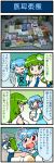  4koma anger_vein artist_self-insert blue_hair blush box closed_eyes comic detached_sleeves eyes_closed food frog_hair_ornament green_eyes green_hair gun hair_ornament heterochromia highres kochiya_sanae magical_musket mizuki_hitoshi momiji_manjuu multiple_girls open_mouth photo real_life_insert safe safe_(object) shirt skirt smile snake sparkle sweets tatara_kogasa tongue tongue_out touhou translated translation_request vest weapon 