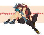  1boy 1girl bandana bandanna bike_shorts black_hair blue_eyes blush brown_hair couple fang gloves heart heart_background jikei nintendo_3ds odamaki_sapphire pokemon pokemon_emerald pokemon_rse pokemon_special red_eyes ruby_(pokemon) sepia_background simple_background 