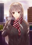  buttons coat gloves kisugi_akira long_hair original red_eyes scarf silver_hair skyline 