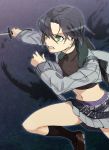  belt black_hair black_legwear blue_background clenched_teeth footwear green_eyes highres jacket katana midriff miniskirt navel rance_(series) sakamoto_ryouma_(rance) sengoku_rance shoes short_hair simple_background skirt socks solo sword teeth thighs tsurusaki_yuu weapon 