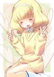  :d artist_request blonde_hair closed_eyes double_v eyes_closed footwear fujisaki_hikari hairband heart jacket kise_yayoi kneeling no_pants open_mouth precure short_hair smile smile_precure! socks solo source_request sweater v 