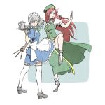  ankle_socks blue_eyes bow cup fighting_stance garters grey_hair hat hong_meiling izayoi_sakuya knife long_hair multiple_girls nobuya open_mouth red_hair redhead teacup teapot the_embodiment_of_scarlet_devil thighhighs touhou tray very_long_hair weapon white_legwear wink 