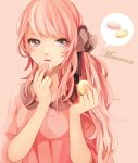  bow dress eating grey_eyes hair_bow long_hair macaron megurine_luka pink_dress pink_hair side_ponytail solo tama_(songe) vocaloid 