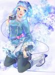  alternate_hair_color aqua_eyes aqua_hair boots coat goggles goggles_on_head gumi kneeling noko_(fuwa) open_mouth pantyhose short_hair smile solo vintage_microphone vocaloid 