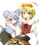  adaajt animal_ears blonde_hair capelet cheese grey_hair hair_ornament mouse_ears mouse_tail multiple_girls nazrin open_mouth red_eyes ribbon short_hair skirt smile sweatdrop tail tears toramaru_shou touhou yellow_eyes 