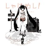  animal_ears black_hair bowl cat cat_ears computer food footwear guitar hatsune_miku highres instrument laptop long_hair monochrome mouth_hold shoes sneakers socks solo twintails very_long_hair vocaloid 