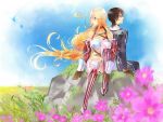  bare_shoulders black_hair blonde_hair boots brown_eyes butterfly cloud flower gloves gradient_hair green_hair jude_mathis knee_boots long_hair midriff milla_maxwell multicolored_hair navel red_eyes sitting sky tales_of_(series) tales_of_xillia three_plates tubetop 