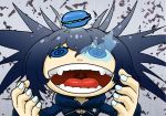  @_@ black_rock_shooter black_rock_shooter_(character) blue_eyes blue_hair chibi face fangs fingernails glowing glowing_eyes hands macaron naruhito open_mouth smile solo teeth tongue twintails 