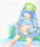  blue_hair character_doll colored_pencil_(medium) cord_izumi doll holding kawashiro_nitori shikishi solo tatara_kogasa touhou traditional_media watercolor_(medium) 