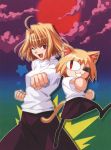  :3 ahoge animal_ears antenna_hair arcueid_brunestud blonde_hair cat_ears cat_tail clenched_hands fist full_moon highres long_skirt melty_blood moon multiple_girls nekoarc punching purple_skirt red_eyes red_moon scan short_hair skirt sweater tail takeuchi_takashi tsukihime wink 