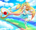  armpits bell blazblue blonde_hair boots clouds cloudy_sky female flat_chest girl gloves green_eyes hair_ribbon kneehighs long_hair low-tied_long_hair magical_girl platinum_the_trinity quad_tails rainbow skirt sky solo twintails two_side_up very_long_hair wand white_gloves 