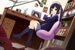  black_hair brown_eyes camera chair computer desk dutch_angle headphones hirasawa_yui ichiko_oharu k-on! k701 laptop long_hair microphone microphone_stand nakano_azusa no_shoes photo_(object) school_uniform sitting twintails 