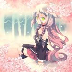  ahoge bare_shoulders braid cherry_blossoms choker footwear green_eyes ia_(vocaloid) long_hair looking_at_viewer looking_back mismatched_legwear open_mouth pink_hair pleated_skirt single_sock single_thighhigh sitting skirt socks solo thigh-highs thigh_strap thighhighs twin_braids very_long_hair vocaloid 