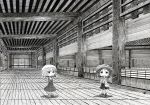  blinds blush bow ceiling chibi coat dress floor hand_on_hip hands_on_own_chest hat interior looking_at_another looking_away maribel_hearn monochrome multiple_girls necktie nib_pen_(medium) perspective short_hair smile soyanrai touhou traditional_media usami_renko wood 