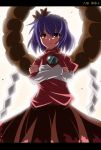 character_name crossed_arms do_(4-rt) hair_ornament leaf letterboxed purple_hair red_eyes shimenawa short_hair skirt solo touhou yasaka_kanako