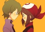  bandana bandanna blue_eyes blush brown_hair face-to-face green_eyes green_hair haruka_(pokemon) lowres ochappa orange_background pokemon pokemon_(anime) pokemon_rse pokemon_ruby_and_sapphire popped_collar short_hair shuu_(pokemon) simple_background 