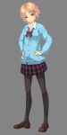 black_legwear bow brown_hair cardigan hair_ornament hairclip hands_on_hips highres light_smile loafers looking_at_viewer original pantyhose plaid plaid_skirt pleated_skirt purple_eyes ryou@ryou school_uniform shoes short_hair simple_background skirt solo violet_eyes 