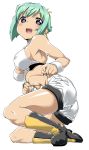  aquarion_(series) aquarion_evol blush boots breasts cleavage cleavage_cutout ekakibito green_hair midriff open_mouth purple_hair short_hair short_shorts shorts simple_background solo white_background zessica_wong 