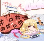  blonde_hair book check_translation computer cup fang futaba_anzu haruichi idolmaster idolmaster_cinderella_girls kotatsu laptop messy_room monitor open_mouth red_eyes remote solo stuffed_animal stuffed_bunny stuffed_toy table tissue tissue_box translated 