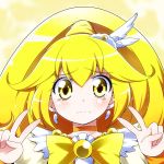 blonde_hair cure_peace double_v face frown kiku_hitomoji kise_yayoi magical_girl ponytail portrait precure smile_precure! solo tears v wavy_mouth yellow yellow_background yellow_eyes 