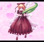  blonde_hair blue_eyes bow flower hair_ribbon heart highres k-sk_style letterboxed lily_of_the_valley looking_at_viewer medicine_melancholy open_mouth ribbon shoes short_hair skirt solo touhou 