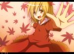  aki_shizuha blonde_hair character_name do_(4-rt) dress hair_ornament leaf leaf_on_head letterboxed open_mouth outstretched_arms short_hair smile solo touhou yellow_eyes 