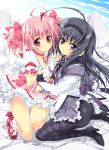  2girls ahoge akemi_homura ass black_hair blush gloves hair_ribbon hairband hand_holding holding_hands kaname_madoka kneeling long_hair magical_girl mahou_shoujo_madoka_magica mitsuki_mantarou multiple_girls panties panties_under_pantyhose pantyhose pink_eyes pink_hair purple_eyes ribbon short_twintails skirt smile soul_gem striped striped_panties twintails underwear violet_eyes yuri 